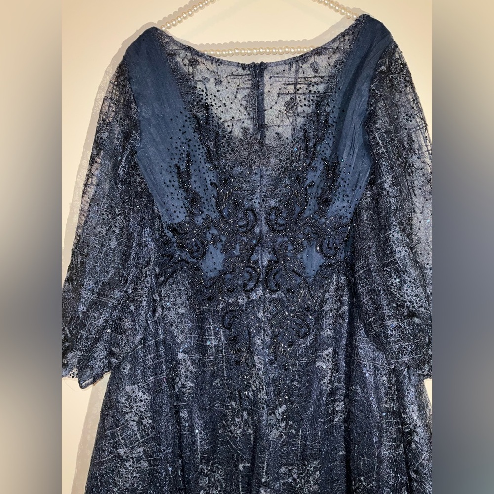 Mac Duggal Navy Blue Beaded Lace Maxi Gown - Picture 11 of 15